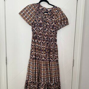 Anthropologie Maeve Somerset Maxi in Orange Navy Print Cotton Dress Sz XSmall